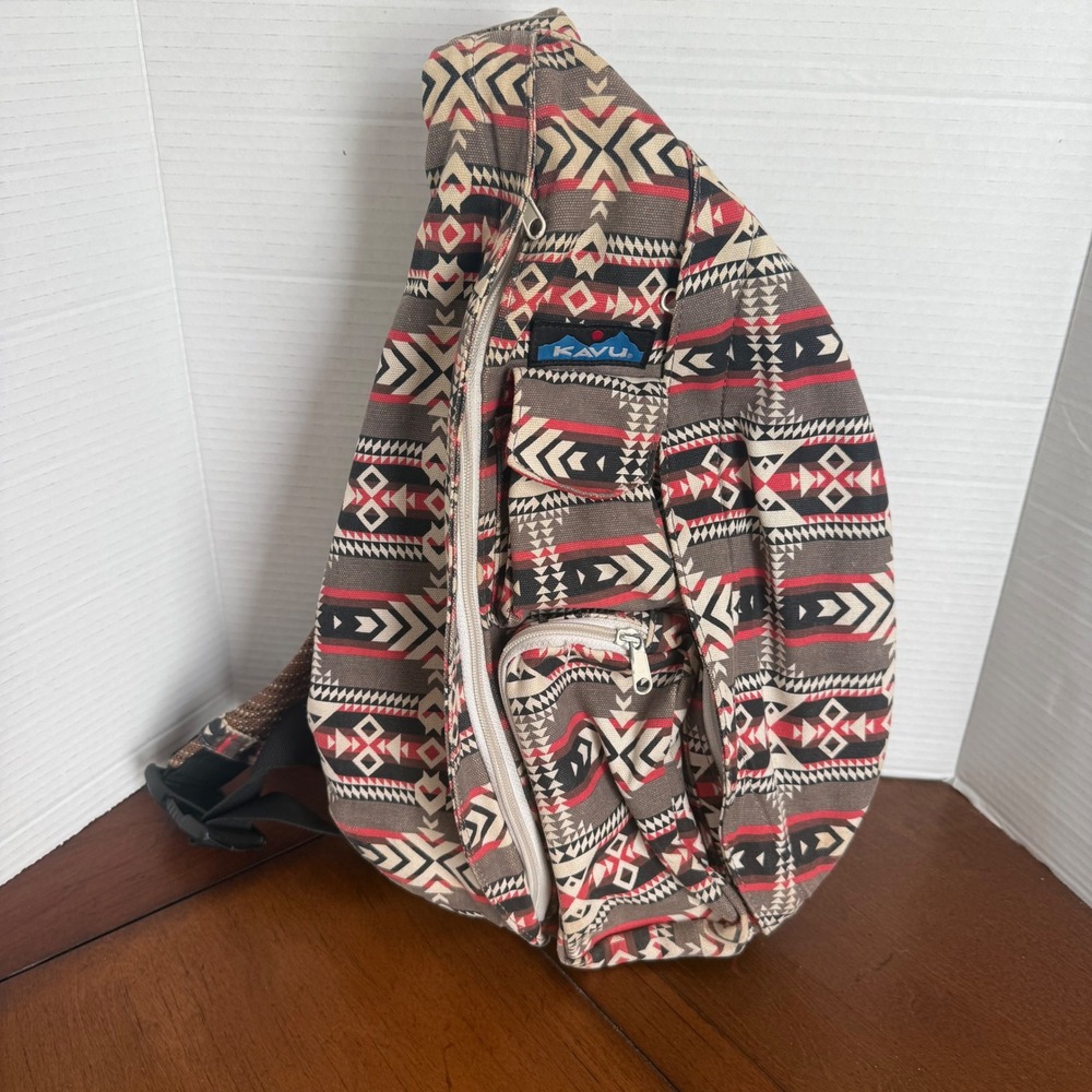 KAVU Rope Bag Sling Backpack Southwestern Geometric Canvas Red Tan Black 19x11